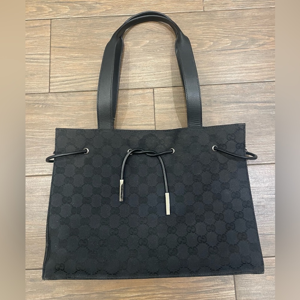 Gucci vintage black GG canvas shoulder bag, leather trim & silver hardware